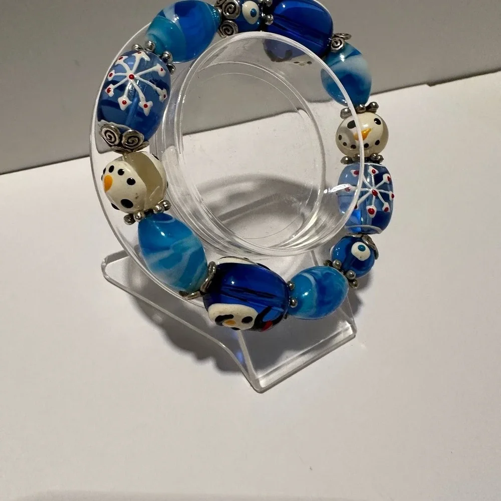 Glass Beads Stretch Bracelet Blue White Snowman Snowflake‎ Christmas Handmade